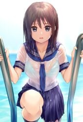 1girls bad_id bad_twitter_id blue_bra blue_eyes blue_skirt bra bra_visible_through_clothes breasts brown_hair commentary highres inactive_account kneehighs long_hair looking_at_viewer medium_breasts miniskirt neckerchief open_mouth original pasdar pleated_skirt pool pool_ladder sailor_collar school_uniform see-through_clothes serafuku shirt skirt socks solo underwear water wet wet_clothes wet_shirt white_shirt