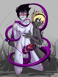 1boy 1girls biting_lip black_hair black_lipstick blonde_hair breasts buckteeth erection female grey_background grey_skin grimdark hairband homestuck hypnosis john_egbert male male_urethral_insertion malesub mind_control ms_paint_adventures naked needle nipples orientation_play penis purple_nipples rose_lalonde short_hair straight tentacle tentacle_sex urethral_insertion white_skin