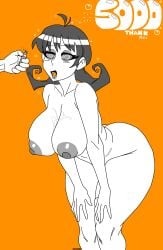 ahoge ass bare_shoulders bottomless brainwashing breasts collarbone dazed don't_starve drool english_text female femsub ghostec hypnosis lighter maledom mind_control monochrome nipples nude open_mouth orange_background pale_skin short_hair signature simple_background spiral_eyes spiralwash_eyes standing text thick_thighs topless twintails unfocused_eyes wall_eyed white_skin wide_hips willow_(don't_starve)