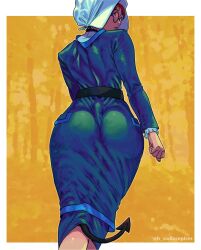 1girls ass belt coif commission dat_ass demon_tail female from_behind glasses headdress hourglass_figure long_dress looking_at_viewer looking_back no_panties original pilgrim purple_eyes red_hair round_glasses short_hair solo tail_between_legs tail_under_clothes traditional_clothes walking walking_away wallace_pires