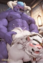ai_generated alistar anthro bara bovid bovine fur furry furry_male game gay kl_99 league_of_legends lion male male/male male_only minotaur rengar riot_games white