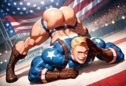 ai_generated american_flag americas_ass ass ass_focus ass_up bara big_ass big_biceps big_butt big_pecs blonde_hair boots broad_shoulders bubble_ass bubble_butt butt_focus captain_america costume gloves harness hunk jack-o_pose jockstrap looking_at_viewer male male_focus male_only man_boobs manly marvel marvel_cinematic_universe marvel_comics masculine muscles muscular_arms muscular_legs muscular_male muscular_thighs narrow_waist patriotic_clothing revealing_clothes salute skin_tight small_waist steve_rogers superhero triceps wide_shoulders yaoi