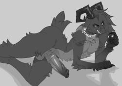 1boy 2025 2d anthro avernus_(groatydeer) bovid caprine conditional_dnp digital_media erection full_body furry genitals girly goat groatydeer hair_over_eye horn kippy looking_at_viewer lying makeup male male_only mammal mascara monochrome navel nipples nude on_all_fours on_side one_knees original penis simple_background smug smug_grin solo tuft wide_hips
