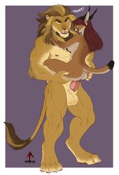 2018 5_fingers anthro balls black_nose brown_fur caracal closed_eyes duo feline female fur hi_res inkrend lion male mammal nude open_mouth penetration penis sex simple_background size_difference standing straight tan_fur teeth tight_fit tongue yellow_fur