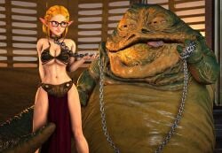 1girls 3d aqua_eyes belly_dancer belly_dancer_outfit blonde_hair breath_of_the_wild chain_leash chained cleavage enslaved_royal garryswood glasses harem_girl harem_outfit hutt hylian hylian_ears jabba_the_hutt large_breasts loincloth nintendo pointy_ears princess_zelda short_hair slave slave_bikini slave_collar slave_leia_(cosplay) slave_outfit slavegirl star_wars tears_of_the_kingdom the_legend_of_zelda zelda_(breath_of_the_wild) zelda_(tears_of_the_kingdom)