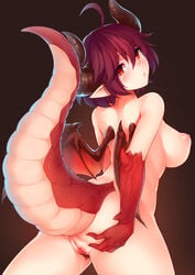 1girls ahoge ass back bangs blush breasts dragon_girl dragon_horns dragon_tail dragon_wings eyebrows_visible_through_hair female female_only granblue_fantasy grea_(shingeki_no_bahamut) hair_between_eyes highres horns kerasu large_breasts looking_at_viewer looking_back nude parted_lips pointy_ears pubic_hair purple_hair pussy pussy_juice red_eyes ricegnat shingeki_no_bahamut short_hair solo tail wings