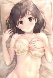 1girls bad_id bad_twitter_id blush bow bow_bra bra bra_pull breasts breasts_squeezed_together brown_eyes brown_hair cleavage clothes_pull collarbone commentary covering_breasts covering_one_breast covering_privates highres looking_at_viewer lying medium_breasts medium_hair navel on_back original out-of-frame_censoring pasdar pillow solo strap_slip sweat underwear underwear_only upper_body