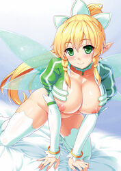 all_fours blonde_hair blush braid breasts elf fairy_wings female green_eyes kawase_seiki large_breasts leafa long_hair looking_at_viewer nipples no_bra no_panties pointy_ears ponytail shiny shiny_skin smile solo sword_art_online thighhighs twin_braids white_legwear wings