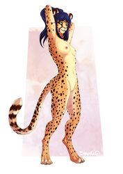 2018 4_toes anthro blue_hair breasts cheetah digitigrade feline female green_eyes hair mammal nipples pussy shalinka simple_background smile solo standing toes