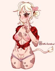 1girls abs anthro bovine breasts cattle clothes female furry lea_(nsfwfenistral) mammal milkiipetals original_character plaid_shirt pubic_hair pussy solo text watermark wide_hips