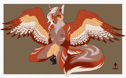 2018 anthro canine clitoris dildo feathered_wings feathers female fox fur green_eyes grey_fur hair hybrid inkrend looking_at_viewer mammal orange_fur penetration pussy pussy_juice red_fur sex_toy simple_background smile solo tan_fur vaginal_penetration wings