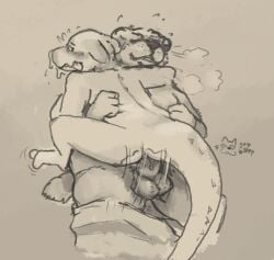 anal anal_sex anthro arm_around_shoulders balls balls_deep bear blush bodily_fluids breath caves_of_qud closed_eyes clothed clothing cum cum_on_face duo ears_down genital_fluids genitals glorpgorp male male/male mammal otho_(caves_of_qud) overweight overweight_male partially_clothed penetration pivoted_ears precum scalie spines sweat tail tongue tongue_out