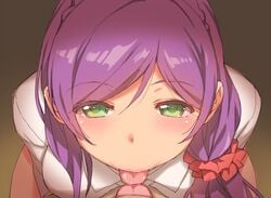 blush deyuuku eyebrows_visible_through_hair female french_kiss green_eyes kissing long_hair love_live! love_live!_school_idol_project pov purple_hair shirt solo_focus tongue tongue_out toujou_nozomi white_shirt