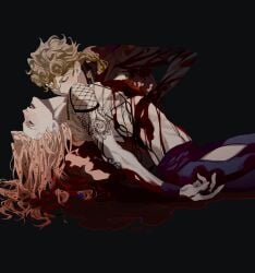 2boys belt black_background black_jacket black_lips blonde_hair blood blue_belt blue_pants bracelet braid braided_ponytail diavolo exposed_bone fishnet_top fishnets giorno_giovanna guro highres hymkky3 intestines jacket jewelry jojo_no_kimyou_na_bouken kissing kissing_neck lipstick long_hair makeup male_focus medium_hair multiple_boys pants pink_hair spotted_hair vento_aureo victory_rolls yaoi