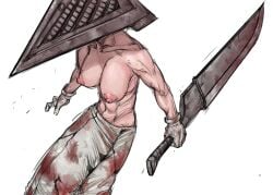 big_breasts blood blood_stain female female_only genderswap_(mtf) gloves helmet knife monster_girl muscular muscular_female pyramid_head rule_63 rule_63 silent_hill silent_hill_(film) solo stained_clothes sword topless topless_female weapon