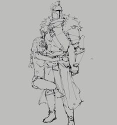 1boy 1boy1girl 1girls armor armored armored_boots armored_gloves armored_male black_and_white booty_shorts cling clinging dark_souls dark_souls_2 edong_(artist) faraam_knight female fully_clothed glasses gym_shorts hugging knight monochrome obsessed obsession round_glasses