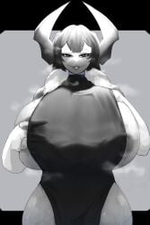 1girls big_areola big_breasts black_and_white choday dress female female_focus female_only fur_hood giant_breasts hand_under_clothes horned_female horns large_horns looking_at_viewer nipple_bulge nipples oc steam steamy steamy_body steamy_breasts sweat sweaty sweaty_thighs tall tall_female
