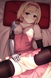 bed_sheet black_legwear blonde_hair blue_eyes blush breasts brown_eyes censored clitoris closed_mouth commentary_request djeeta_(granblue_fantasy) dress erect_nipples eyebrows_visible_through_hair female gauntlets granblue_fantasy hair looking_at_viewer lying mosaic_censoring on_back on_bed panties panty_pull patreon_username pillow pink_dress puffy_short_sleeves puffy_sleeves pussy short_dress short_hair short_sleeves single_gauntlet small_breasts solo spread_legs underwear white_panties zen33n zen_o_(zen33n)