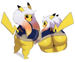 1boy 2019 ? ass blue_clothing brown_eyes clothed clothing ear kabuki looking_at_viewer looking_back looking_behind male male_only mouse multicolored_hair nintendo orange_hair pikachu pokémon_(species) pokemon pokemon_(species) pokemon_rgby question_mark rodent sssonic2 tail thighs white_hair yellow_fur yellow_hair