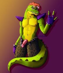 1boy 2022 abs alligator alligatorid average_sized_penis bracelets colorful_background crocodile crocodilian crocodylid digital_drawing_(artwork) digital_media_(artwork) doodlemedead eyebrows fangs fingerless_gloves five_nights_at_freddy's five_nights_at_freddy's:_security_breach flaccid genital_slit gloves green_body green_skin half-erect hi_res humanoid_genitalia humanoid_penis looking_at_viewer male male_focus male_only mohawk mohawk_(hairstyle) montgomery_gator_(fnaf) navel nipples pants_down pants_open pecs red_eyes red_hair reptile reptile_humanoid scottgames shaka_sign sharp_teeth shoulder_pads solo solo_anthro solo_focus solo_male spiked_bracelet spiked_tail spikes spikes_(anatomy) star_glasses steel_wool_studios sunglasses teeth two_tone_body two_tone_skin watermark