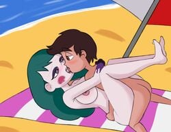 1boy artist_request beach beach_towel blush breasts cheek_markings couple disney disney_channel duo eclipsa_butterfly female french_kiss green_hair kissing leg_lock long_hair marco_diaz missionary nipples open_mouth parasol penetration sand sex star_vs_the_forces_of_evil tongue_kiss vaginal_penetration