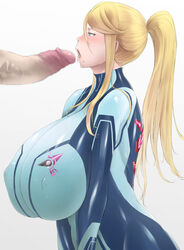 1boy 1boy1girl 1girls big_breasts big_penis blonde blonde_hair female huge_cock imminent_fellatio imminent_oral light-skinned_female light-skinned_male light_skin male metroid nintendo ogura_anko pale-skinned_female pale-skinned_male pale_skin samus_aran straight tagme