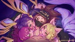 1boy 4girls ahri akali alternate_costume ass_cleavage ball_sucking butt_crack collaborative_fellatio double_ball_sucking erection evelynn fellatio fellatio_under_mask female harem k/da_ahri k/da_akali k/da_evelynn k/da_kai'sa k/da_series kai'sa kajinman league_of_legends lipstick male multiple_girls oral penis pov straight teamwork