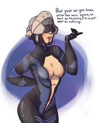 1girls artist_request big_breasts bodysuit breasts english female licking_lips light-skinned_female maroo_(warframe) solo solo_female text undressing warframe