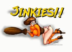 bikerbloke broom_riding female glasses hanna-barbera panties pink_panties scooby-doo skirt_lift solo velma_dinkley