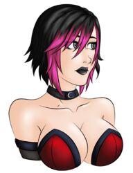 bare_shoulders black_choker black_eyes black_hair black_lipstick breasts choker cleavage closed_mouth collarbone elbow_gloves expressionless eyebrows_visible_through_hair eyes_visible_through_hair eyeshadow female female_only gloves grey_gloves hair_between_eyes highres human human_only kanedaburn large_breasts lips lipstick looking_away makeup multicolored_hair neck pink_hair serious short_hair solo strapless two-tone_hair two_tone_hair upper_body