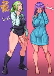 2girls apron barefoot bottomless censored feet futanari green_eyes green_hair intersex neone-x penis penis_under_clothes ponytail pullover purple_eyes purple_hair sarah_(neone-x) setako_(neone-x) testicles thick_thighs tied_hair turtleneck wide_hips