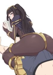 1boy 1girls ass bangs big_ass blue_hair blunt_bangs blush bodystocking book breasts bulge bulge_frottage buttjob cowgirl_position dat_ass erection erection_under_clothes female fire_emblem fire_emblem_awakening full_bodystocking high_heels highres looking_back lying on_back open_mouth purple_eyes reading remomon sitting sitting_on_lap sitting_on_person straight tharja_(fire_emblem)