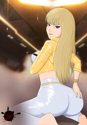 alternate_costume ass big_ass blonde_hair clothing gold_hair k/da_kai'sa_prestige_edition k/da_series kai'sa kneeling league_of_legends lipstick looking_at_viewer looking_back nipples on_knees prestige_skin purple_eyes pussy shrimpypuff sideboob smoke theeshrimp train tumblr