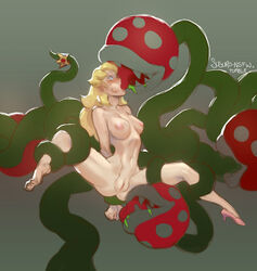 1girls 2016 ambiguous_gender arms_behind_back blonde_hair blue_eyes bound breasts crown female female_focus flora_fauna french_kissing hair human kissing long_hair mammal mario_(series) nintendo nipples piranha_plant plant princess_peach pussy restrained simple_background smile spread_legs spreading suguro tears teeth tentacle tongue video_games