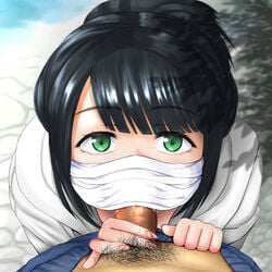 1boy 1girls black_hair clothing commentary_request fellatio fellatio_under_mask female green_eyes hassu highres looking_at_viewer male male_pubic_hair neltumo oral penis pov pubic_hair ray-raw sidelocks solo_focus ssss.gridman straight surgical_mask