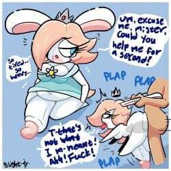 anthro barely_contained_breasts blightstar blue_eyes chubby cosplay crown dialogue ear_pull english_text faceless_male futanari grabbing_ears hair_over_one_eye instant_loss_2koma large_breasts male male_on_futa mario_+_rabbids plap princess_rosalina_(cosplay) proportional_penis_size_difference rabbid_rosalina rabbit_girl see-through shortstack small_but_hung speech_bubble super_mario_bros. tagme tongue_out