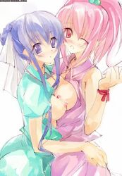 2girls aoi_nagisa blue_hair blush breasts dress female_only nipples red_hair strawberry_panic! suzumi_tamao tagme