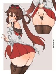 1girls ass blush brown_hair genshin_impact grin hoyoverse hu_tao_(cherries_snow-laden)_(genshin_impact) hu_tao_(genshin_impact) kuromaruart lifting_skirt long_hair mihoyo short_skirt sunglasses_on_head thick_thighs thighhighs twintails upskirt v