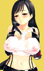 areolae belt black_hair blapan blush breast_suppress breasts burapan crop_top earrings elbow_gloves embarrassed erect_nipples female female_only final_fantasy final_fantasy_vii fingerless_gloves gloves hips human jewelry large_breasts long_hair midriff navel nipples no_bra red_eyes see-through simple_background solo straight_hair suspenders tank_top tifa_lockhart very_long_hair wet wet_clothes wide_hips