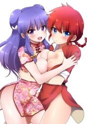 ass_visible_through_thighs bare_arms bare_legs bare_thighs big_breasts blue_eyes blush braid breast_press breasts breasts_out chinese_clothes closed_mouth double_bun hair_bun hugging long_hair medium_breasts microdress no_panties open_mouth purple_eyes purple_hair ranma-chan ranma_1/2 red_hair shampoo_(ranma_1/2) shiny_skin short_sleeves side_slit smile thighs tongue usagigenki