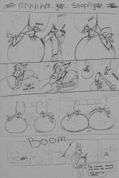 anthro canid canine canis clothing comic death domestic_dog duo english_text equid equine explosion feederism force_feeding forced hi_res horse inflation latex latex_clothing latex_skinsuit male male/male mammal monochrome popping skinsuit text tight_clothing volcha