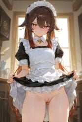 ai_generated clowenqq genshin_impact hoyoverse hu_tao_(genshin_impact) lifting_dress lifting_skirt maid maid_uniform seductive_look servant