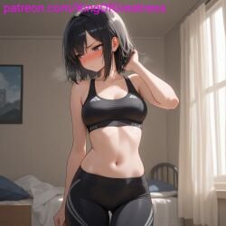 ai_generated black_hair blush cute king_great oc short_hair sports_bra steam tights tsundere