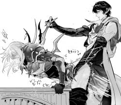 2boys ^^^ anal armor aymeric_de_borel bare_shoulders bent_over blush clothes_pull coat desk elbow_gloves estinien_varlineau feet_out_of_frame final_fantasy final_fantasy_xiv fingerless_gloves gloves greyscale hand_on_another's_hip heart highres long_hair looking_down male_focus male_penetrated monochrome motion_lines multiple_boys open_mouth pants pants_pull pauldrons pointy_ears poooto10 sex short_hair shoulder_armor simple_background sound_effects spiked_armor white_background yaoi