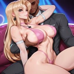 1boy 1girls ai_generated bare_arms bare_legs bare_shoulders bare_thighs big_breasts blonde_hair blue_eyes color dagger dagger_(marvel) dagger_(marvel_rivals) dark-skinned_male dark_skin female hi_res interracial large_breasts light-skinned_female light_skin long_hair looking_at_viewer male male/female marvel marvel_comics marvel_rivals netorare ntr randoai thick_thighs