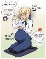 1boy2girls ahoge artoria_pendragon artoria_pendragon_(fate) big_belly bloated_belly blonde_hair blush clothed clothing eating embarrassed emiya_shirou fate/stay_night fate_(series) female female_focus green_eyes kneeling pregnant saber tohsaka_rin tsukiji