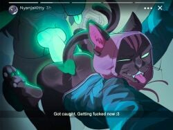 3_toes anal animal_genitalia animal_penis anthro ass barefoot bottomless canid canine canine_genitalia canine_penis cerberus_(fortnite) clothed clothing duo epic_games feet felid feline fizzthetiger fortnite gay gay_male genitals hi_res instagram knot male male/male mammal nyanja_(fortnite) pawpads paws penis selfie soles toes yaoi