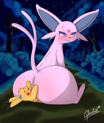 absurd_res ambiguous_gender annoyed anthro ass blush blush_lines bodily_fluids body_worship butt_crush butt_squish butt_worship duo eeveelution espeon feral forehead_gem forest forest_background forked_tail fur gem generation_1_pokemon generation_2_pokemon glacefrostbite hand_on_another's_butt hand_on_butt hi_res mammal nature nature_background night nintendo outside paws pikachu plant pokemon pokemon_(species) rodent sitting sitting_on_another size_difference squish sweat sweatdrop tail tongue tongue_out tree tuft unusual_anatomy unusual_tail yellow_body yellow_fur