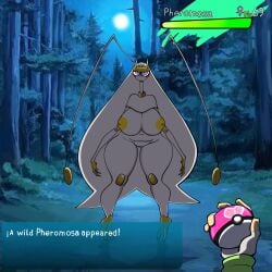 1boy 1girls areolae barefoot big_breasts breasts completely_nude completely_nude_female female full_body gallo_wazavi holding holding_poke_ball male naked naked_female nipples nude nude_female pheromosa poke_ball pokemon pokemon_(species) pussy