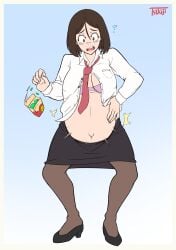 1girls belly_expansion big_belly bloated_belly blush bra brown_eyes brown_hair cleavage clothed clothing confusion female female_only high_heels navel outie_navel pregnant rapid_pregnancy skirt stockings surprised tie tsukiji wardrobe_malfunction